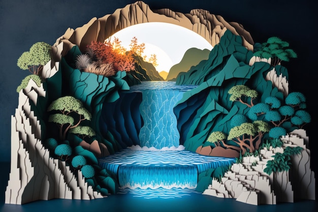 una cascada en una zona montañosa estilo de arte de papel origami japonés paisaje de cartón corte de papel realista