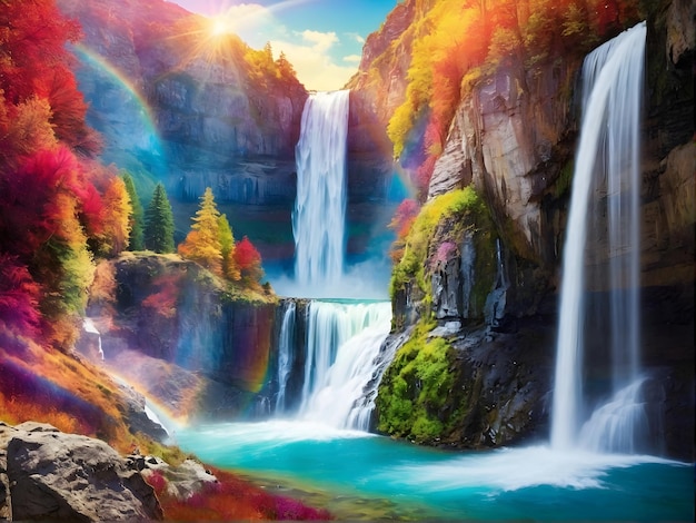 Las cascadas de agua como el arco iris decoran el cielo las flores florecen en primer plano