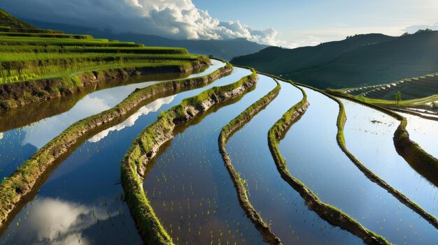 Foto cascadas de arrozales en terrazas el agua que refleja el cielo