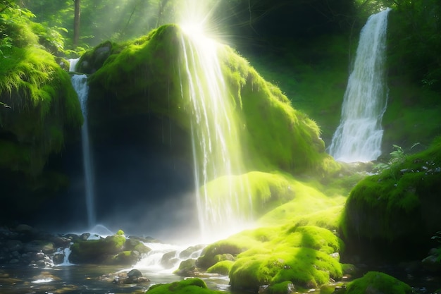 Las cascadas caen en rayos de sol que tocan el agua y los cristales y reflejan la luz