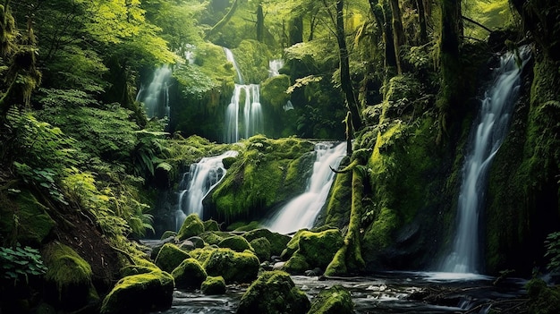 Cascadas de cascada en un bosque verde IA generativa