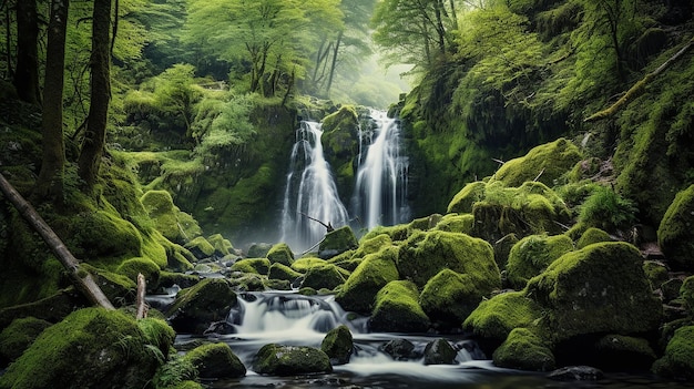 Cascadas de cascada en un bosque verde IA generativa