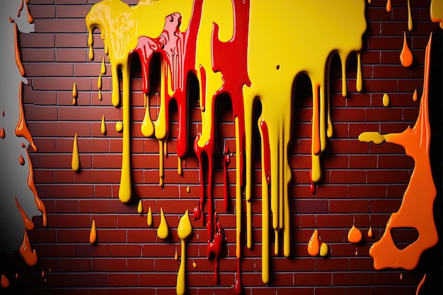 Cascadas de tinta vermelha, laranja e amarela em uma parede de tijolos