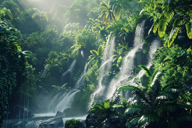 Cascadas en una exuberante selva tropical