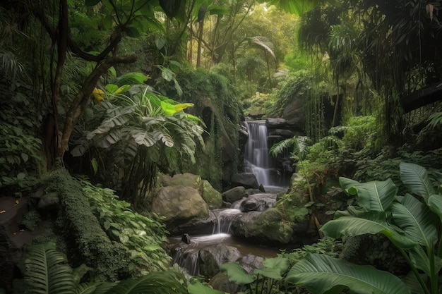 Foto cascadas y exuberante vegetación en el oasis del bosque.