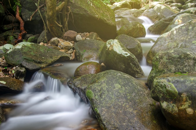 Cascadas fluyen a través de rocas en parques nacionales con fondos borrosos.