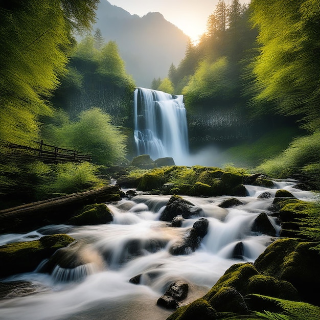 Cascadas místicas Un viaje sereno a una cascada en el denso bosque antiguo