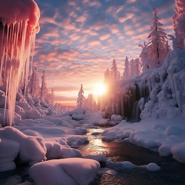 cascadas y nieve en el norte de Finlandia