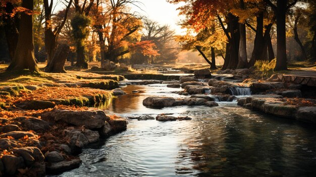 Cascadas de otoño en el parque con follaje colorido Cascadas de otoño