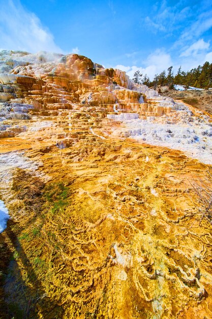 Cascadas sobre terrazas coloridas con nieve en el invierno de piedra amarilla