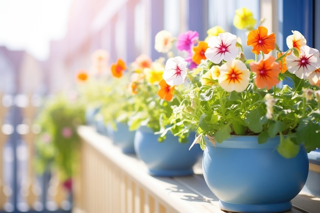 Cascading Petunia-Töpfe auf einem sonnigen Balkon Geländer