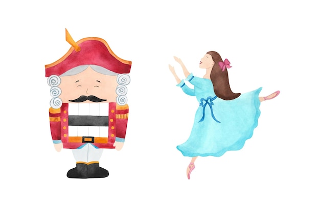 Cascanueces de Navidad y bailarina en zapatillas de punta Para la decoración de Año Nuevo tarjeta de felicitación de juguete de Navidad diseño de bebé Ilustración de acuarela Personajes de cuentos de hadas de invierno Niña en vestido azul