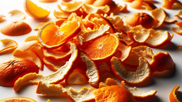 cáscara o cáscara de naranja arreglada artísticamente sobre un fondo blanco