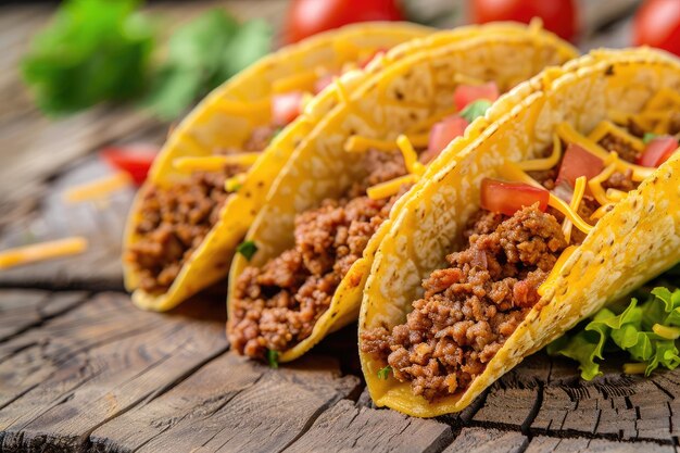 Foto una cáscara de taco crujiente llena de tacos de carne salados en cáscaras de tortilla con verduras frescas generadas por ia