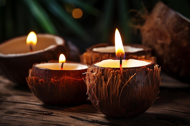 Cascas de coco dispostas como suportes de velas decorativas