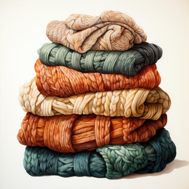 Cascata aconchegante Uma deliciosa ilustração colorida em aquarela de camisolas de tricô empilhadas Clipart
