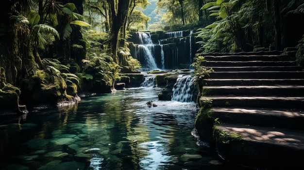 Foto cascata da selva em floresta tropical com rocha e lagoa azul-turquesa seu nome é banyumal