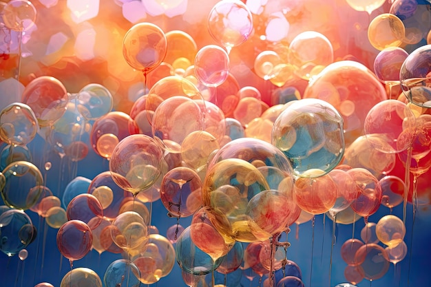 Cascata de bolhas translúcidas flutuando no ar capturando a essência da diversão e alegria