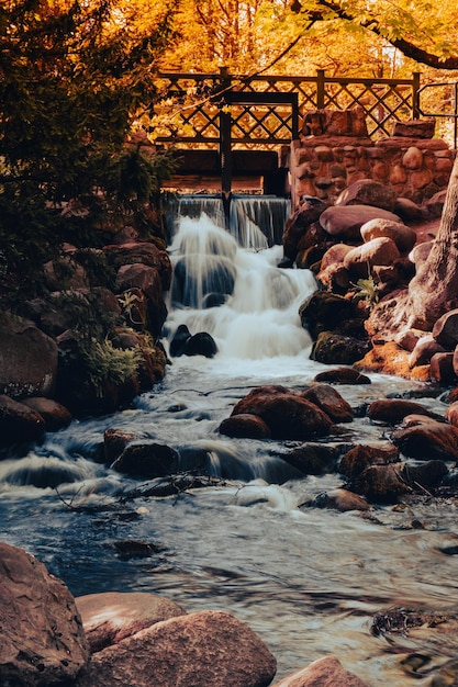 Cascata de cachoeira no parque público Olivia Gdansk Polônia Cachoeira do rio cai do penhasco e das árvores Exposição longa atração turística com pequena cachoeira e água clara