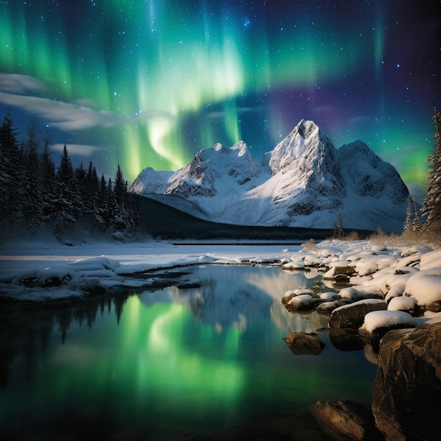 Cascata de luzes brilhantes da Aurora descem em uma exibição mágica