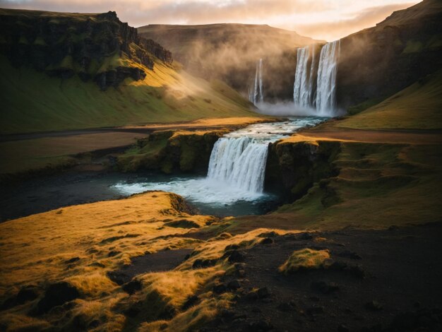 cascata durante o pôr do sol bela cascata na Islândia