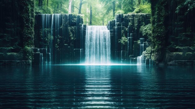 Cascata efêmera Uma cachoeira pixelada em meio a rochas musgosas