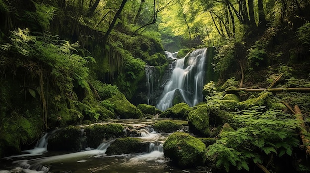 Cascatas de cachoeira em uma floresta verde Generative AI