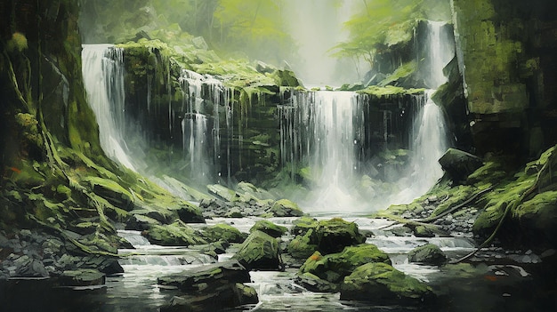 Cascatas de cachoeira em uma floresta verde Generative AI