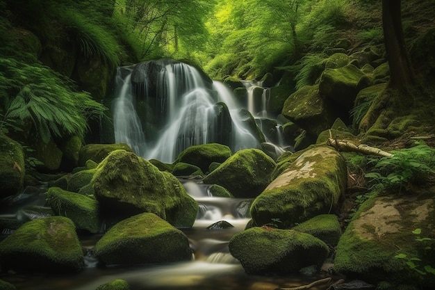 Cascatas de cachoeira em uma floresta verde gerada por IA