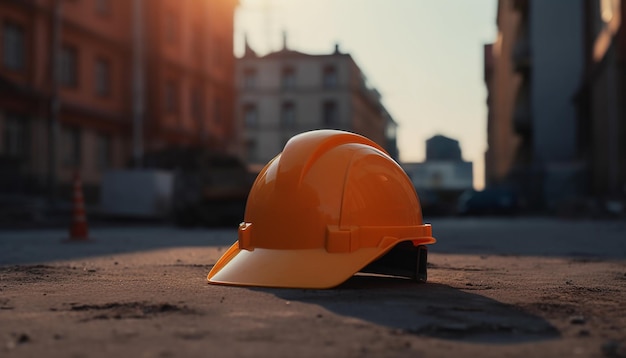 Un casco amarillo se asienta sobre una superficie de hormigón frente a un paisaje urbano.