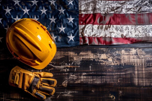 Foto un casco amarillo con una bandera y una bandera en él