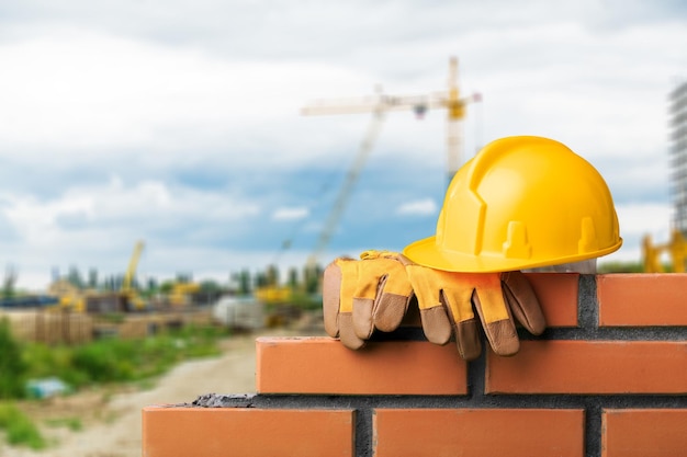 Casco amarillo con equipo sobre fondo de construcción