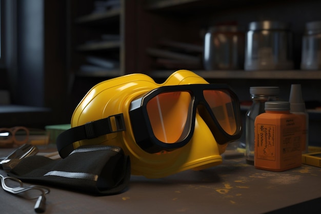 Un casco amarillo y gafas protectoras están sobre una mesa en una habitación oscura.