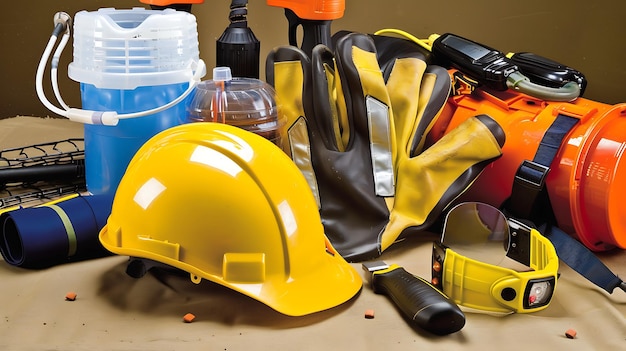 Un casco amarillo, guantes y otros equipos de seguridad están en el suelo. El equipo se utiliza para proteger a los trabajadores de materiales peligrosos.