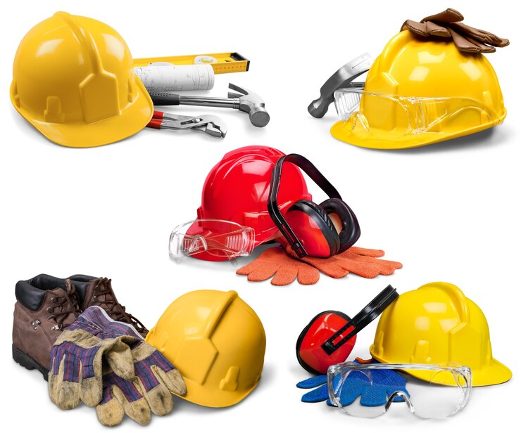 Foto casco amarillo y guantes de trabajo de cuero.