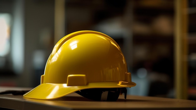 Un casco amarillo se sienta en una mesa en un almacén