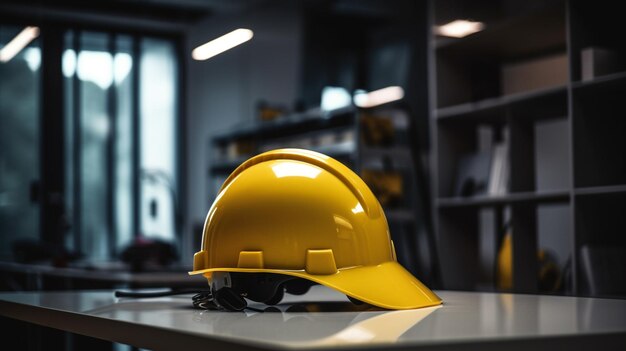 Un casco amarillo se sienta en una mesa en un almacén