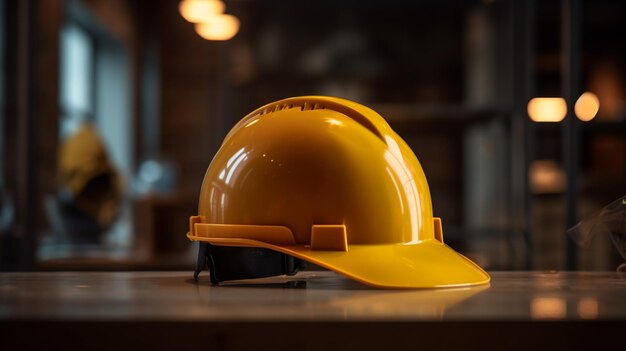 Un casco amarillo se sienta en una mesa en un almacén