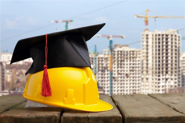 Casco amarillo con sombrero de graduación en mesa de madera con fondo de construcción