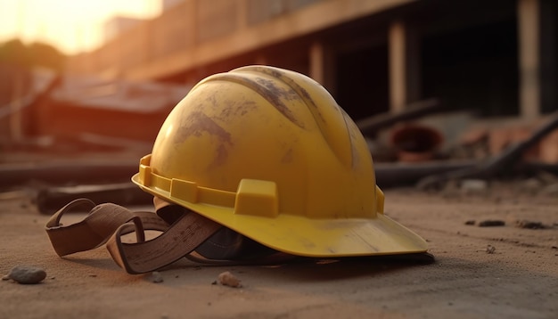 Un casco amarillo yace en el suelo frente a un edificio