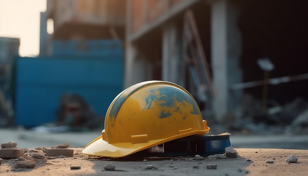 Un casco amarillo yace en el suelo frente a un edificio.