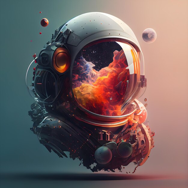 Casco de astronauta en el espacio con renderizado 3D de fuego y humo