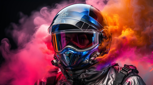 Foto casco astronauta realista con color arco iris sin vidrio humo salpicaduras de fondo modo cyberpunk color generar ia