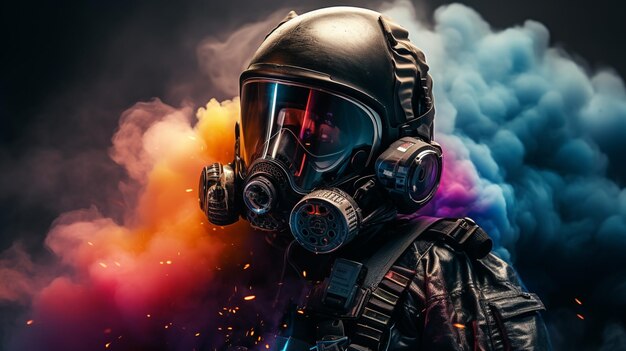 Foto casco astronauta realista con color arco iris sin vidrio humo salpicaduras de fondo modo cyberpunk color generar ia