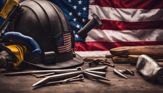 un casco con la bandera en él y un martillo en el fondo