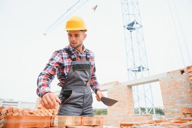 Casco de color amarillo Joven trabajando en uniforme en la construcción durante el día