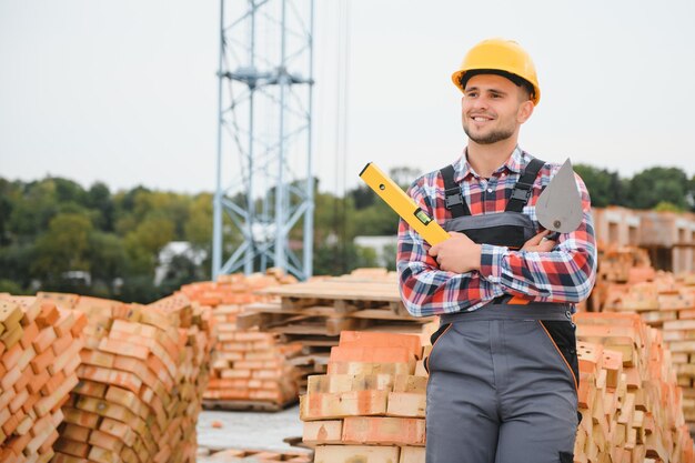 Casco de color amarillo Joven trabajando en uniforme en la construcción durante el día