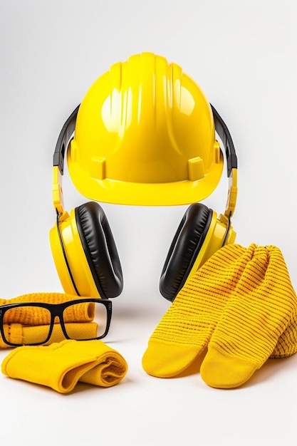 casco de construcción amarillo, auriculares, gafas, respirador y guantes sobre un fondo blanco