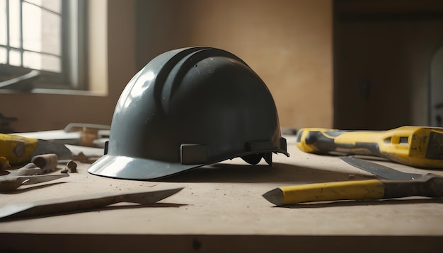 Casco de construcción amarillo y herramientas en un banco de trabajo de madera de primer plano