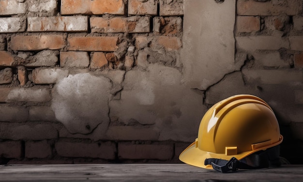 Casco de construcción amarillo en el suelo con un cartel que dice "trabajador de la construcción".